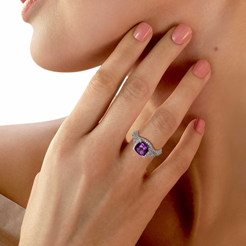 Jewelili Halo Ring with Cushion Cut Amethyst and Created White Sapphire in Sterling Silver View 2