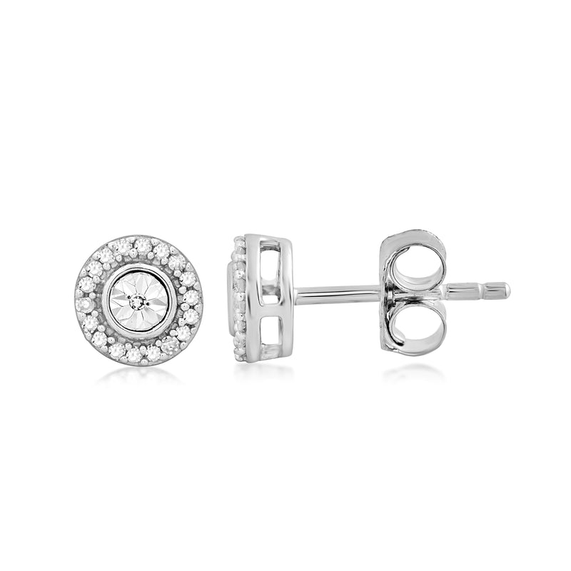 Jewelili Halo Stud Earrings with Natural White Round Diamonds in Sterling Silver 1/10 CTTW view 2