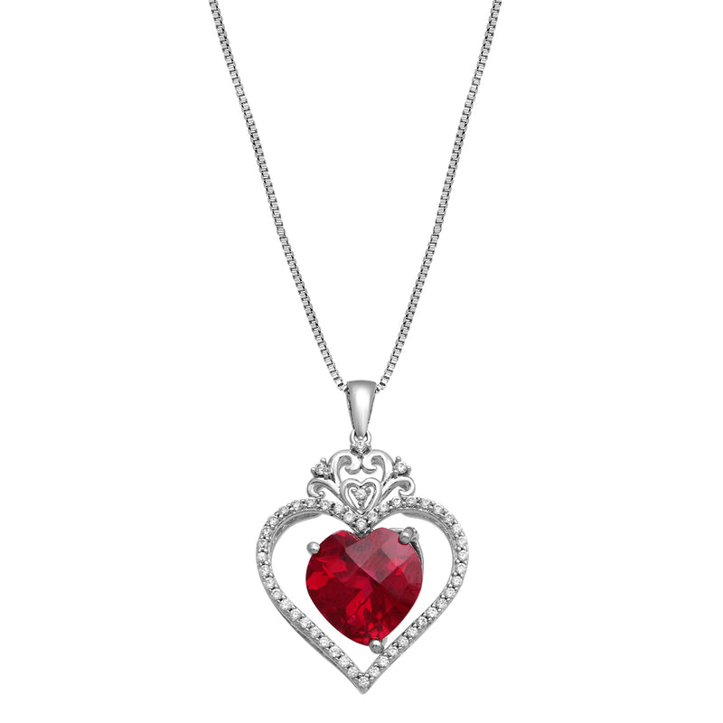 Jewelili Heart Pendant Necklace with Created Ruby and Created White Sapphire in Sterling Silver