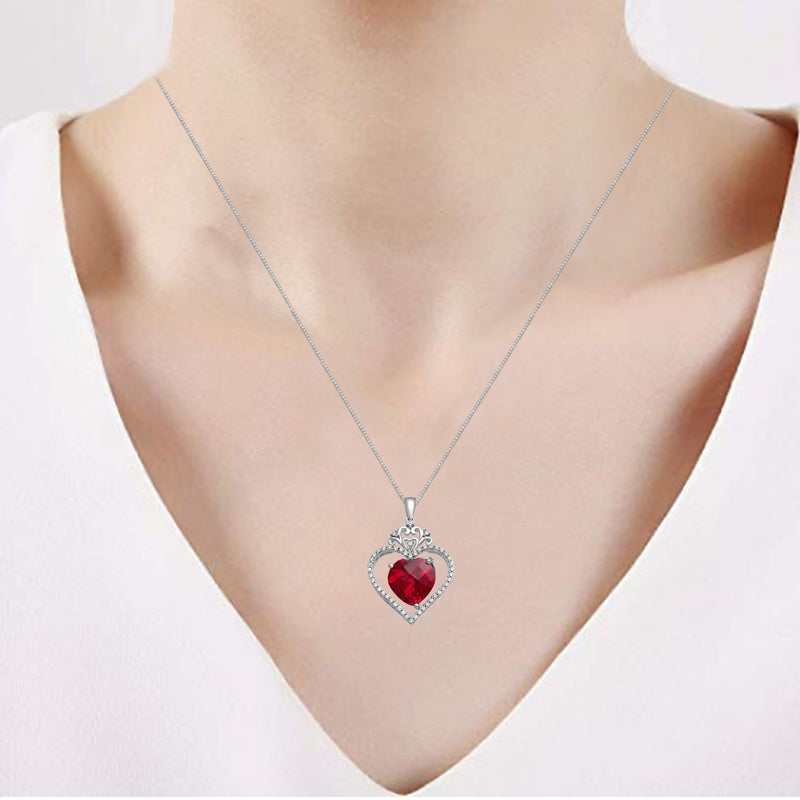 Jewelili Heart Pendant Necklace with Created Ruby and Created White Sapphire in Sterling Silver View 2