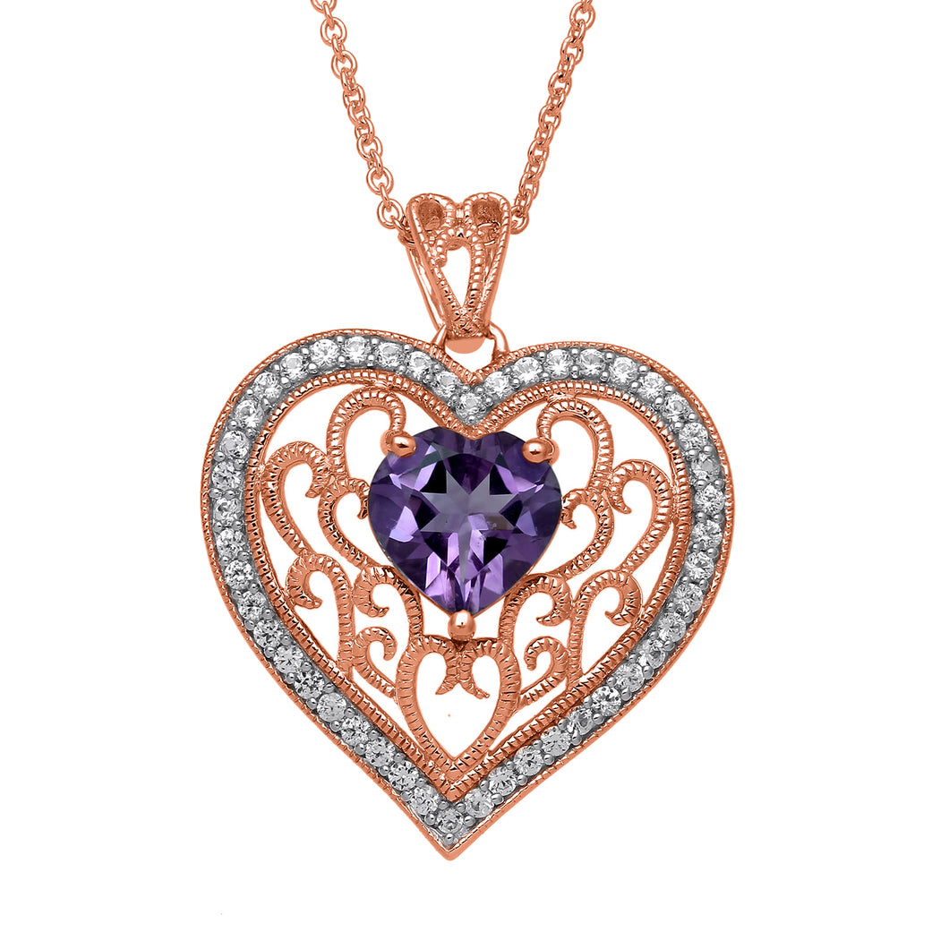 Jewelili Sterling Silver 8 mm Amethyst Heart Shape Pendant Necklace, 18