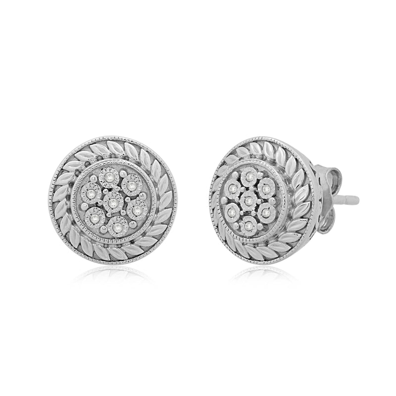 Jewelili Sterling Silver With Natural White Diamonds Cluster Stud Earrings