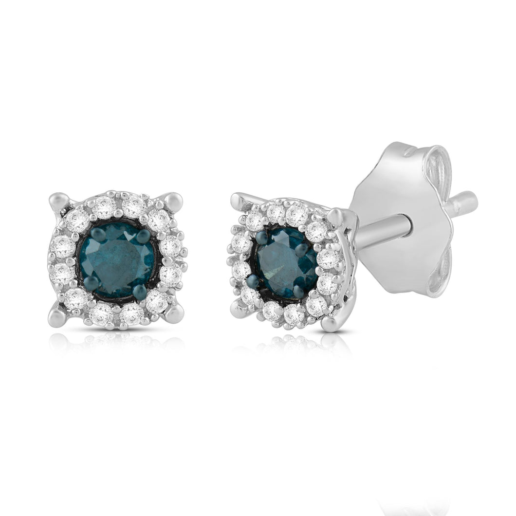Jewelili Stud Earrings with Treated Blue Diamonds and White Diamonds in Sterling Silver 1/4 CTTW View 1