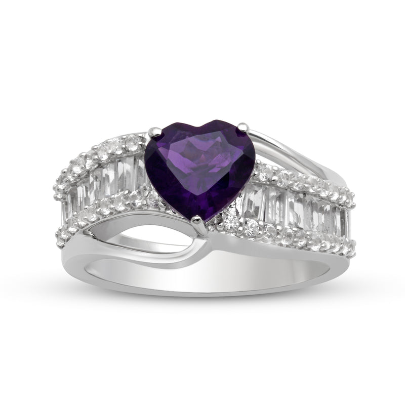 Jewelili Sterling Silver Heart Cut Amethyst and Baguette and Round Cut Created White Sapphire Heart Ring