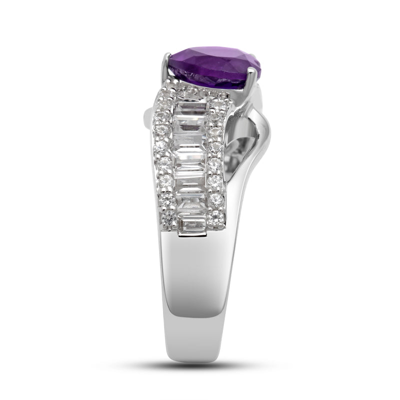 Jewelili Sterling Silver Heart Cut Amethyst and Baguette and Round Cut Created White Sapphire Heart Ring