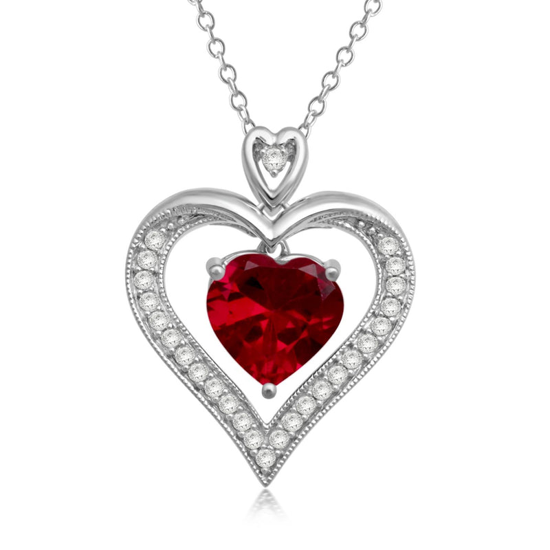 Jewelili Sterling Silver with Created Ruby and Created White Sapphire Pendant Necklace
