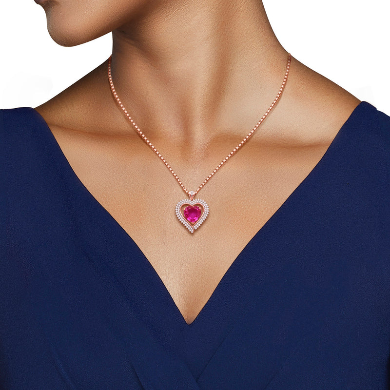 Jewelili 14K Rose Gold over Sterling Silver With Heart Shape Created Pink Sapphire with Created White Sapphire Heart Pendant Necklace