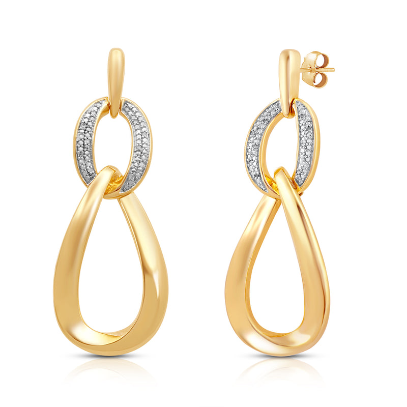 Jewelili Teardrop Drop Earrings with Natural White Round Diamonds in Yellow Gold over Brass View 1