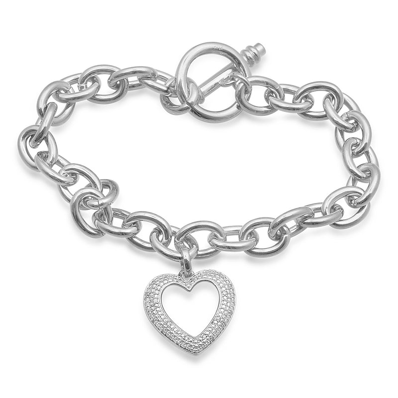 Jewelili Heart Interlocked Bracelet with Round White Diamonds in 14K White Gold over Brass