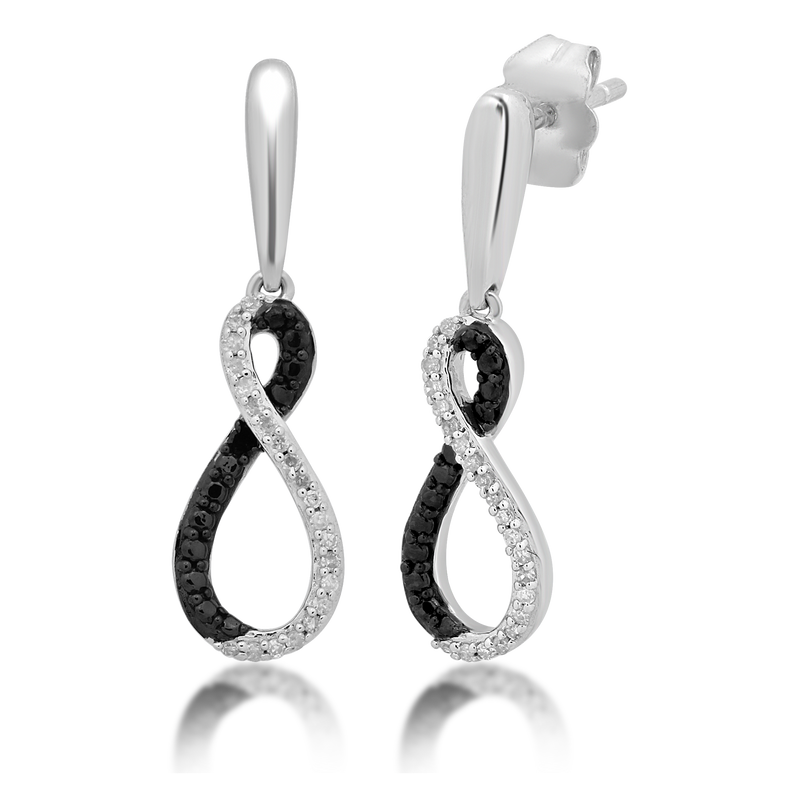 Jewelili Infinity Drop Earrings with Treated Black and White Diamond in Sterling Silver 1/10 CTTW View 1