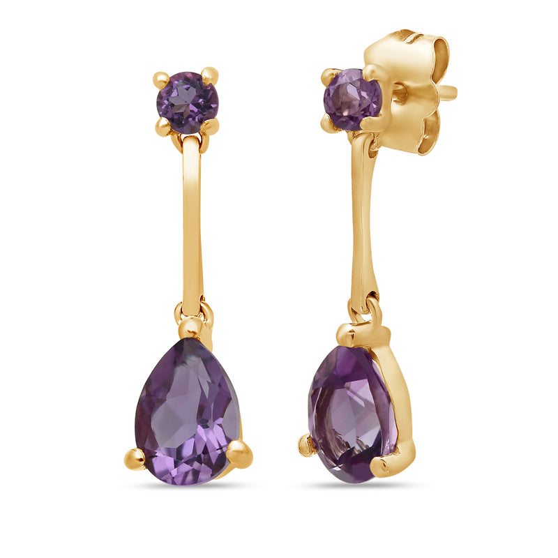 Jewelili Tear-Shaped Precious Teardrop Drop Earrings with Pear and Round Natural Amethyst in 14K Yellow Gold View 1