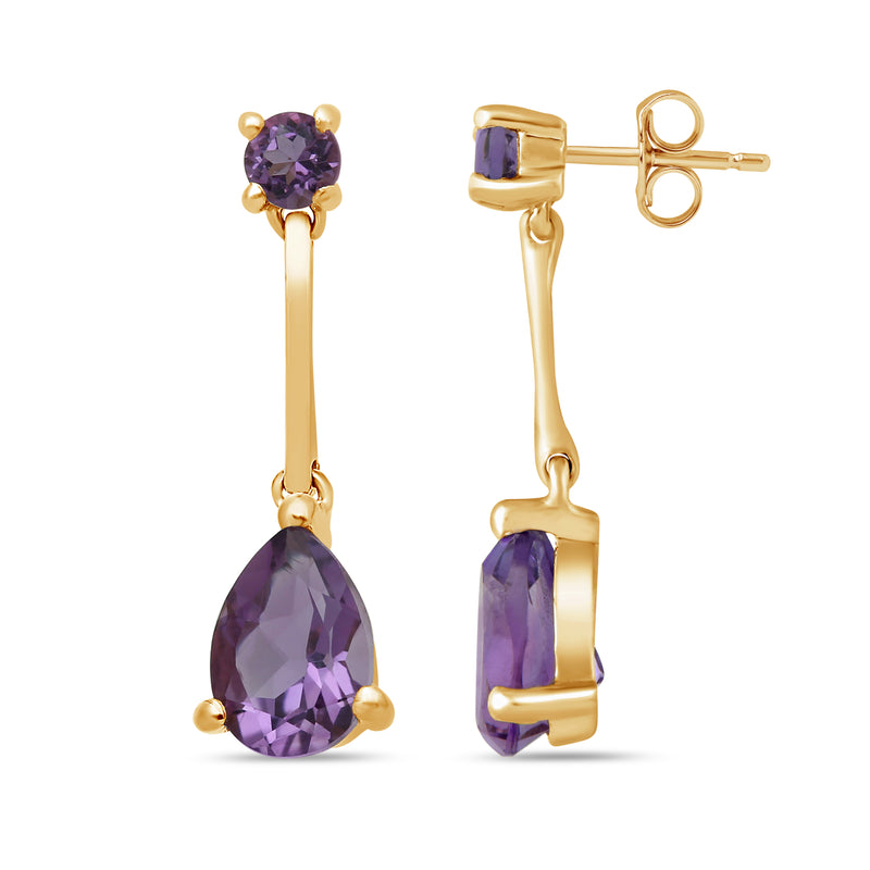 Jewelili Tear-Shaped Precious Teardrop Drop Earrings with Pear and Round Natural Amethyst in 14K Yellow Gold View 2