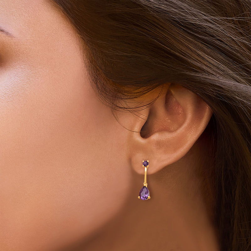 Jewelili Tear-Shaped Precious Teardrop Drop Earrings with Pear and Round Natural Amethyst in 14K Yellow Gold View 4