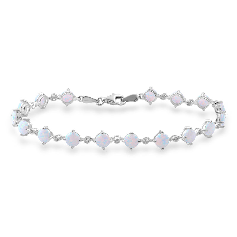 Jewelili Bracelet with Round Created Opal and White Diamonds in Sterling Silver 5 MM