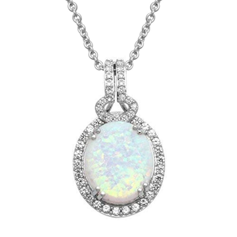 Jewelili Sterling Silver with Oval Created Opal and Round Created White Sapphire Oval Pendant Necklace