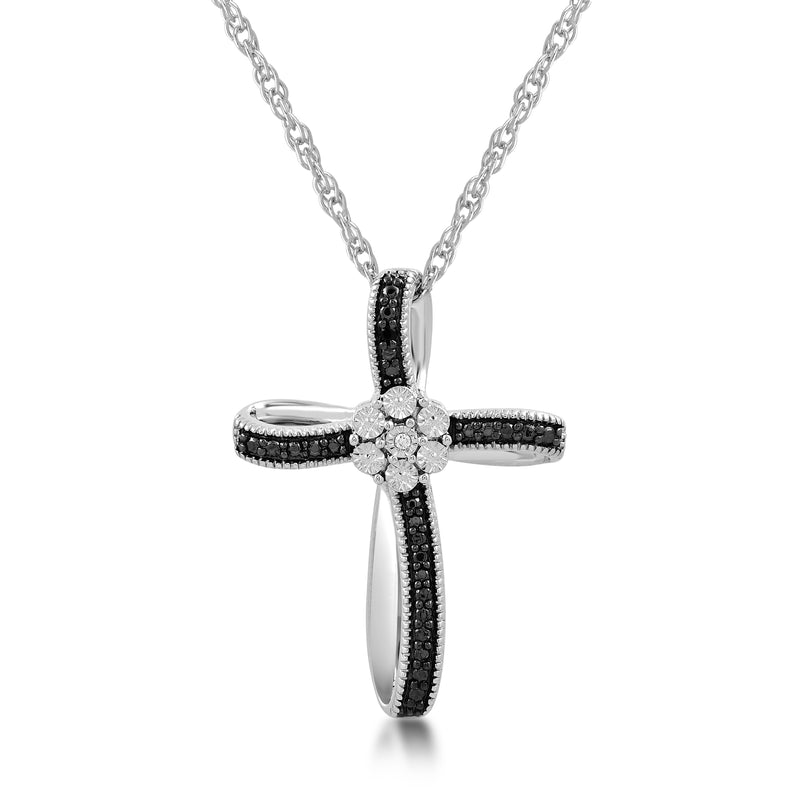 Jewelili Sterling Silver With Treated Black Diamonds and White Diamonds Cross Pendant Necklace