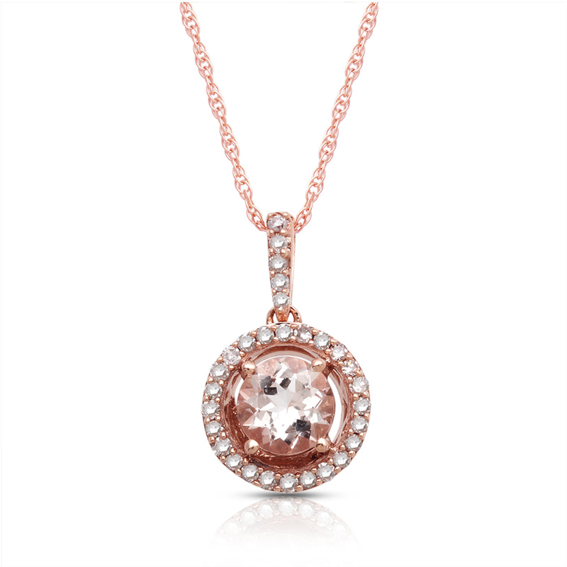 Jewelili 10K Rose Gold With Morganite and 1/10 CTTW Diamonds Halo Pendant Necklace