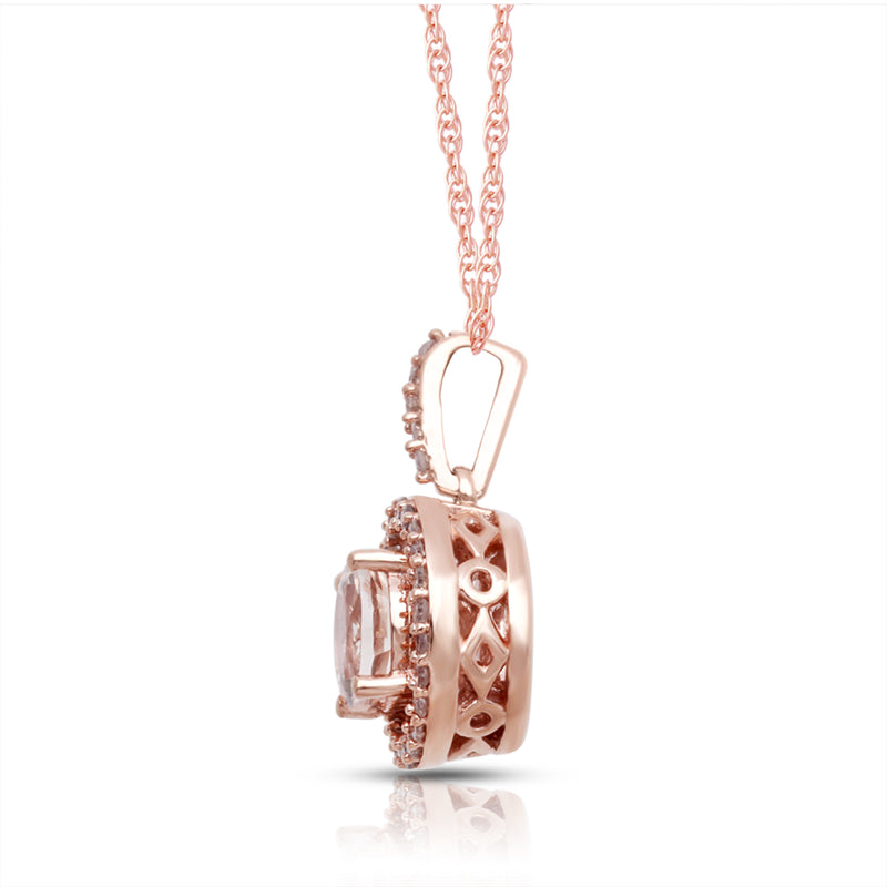 Jewelili 10K Rose Gold With Morganite and 1/10 CTTW Diamonds Halo Pendant Necklace