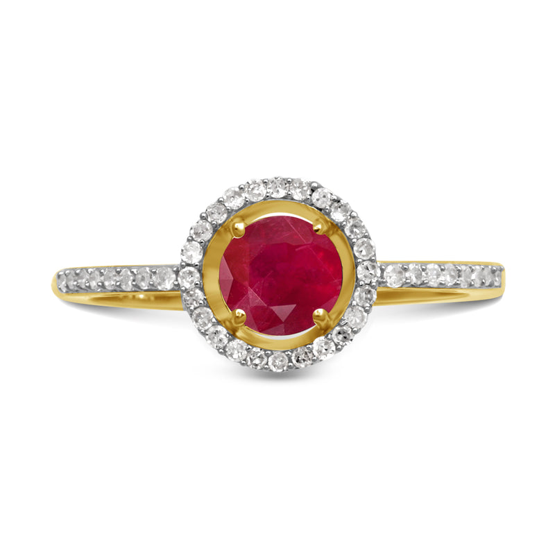Jewelili Halo Ring with Round Ruby and Round Natural White Diamonds in 10K Yellow Gold 1/6 CTTW View 3