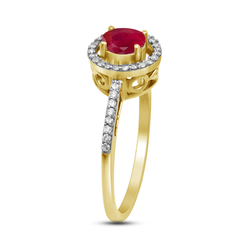 Jewelili Halo Ring with Round Ruby and Round Natural White Diamonds in 10K Yellow Gold 1/6 CTTW View 4