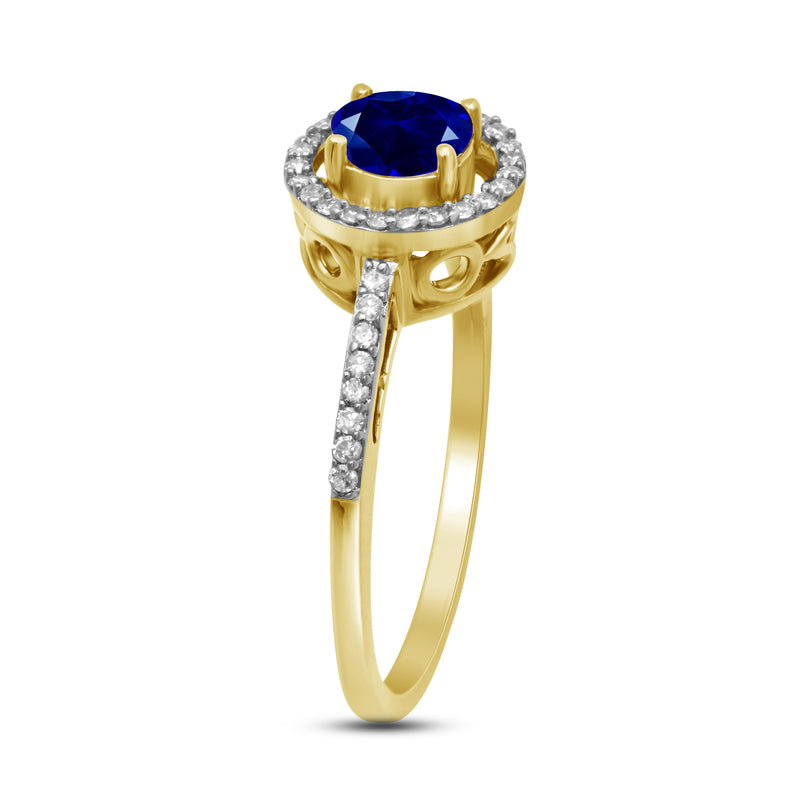 Jewelili Halo Ring with Round Blue Sapphire and Round Natural White Diamonds in 10K Yellow Gold 1/6 CTTW View 4