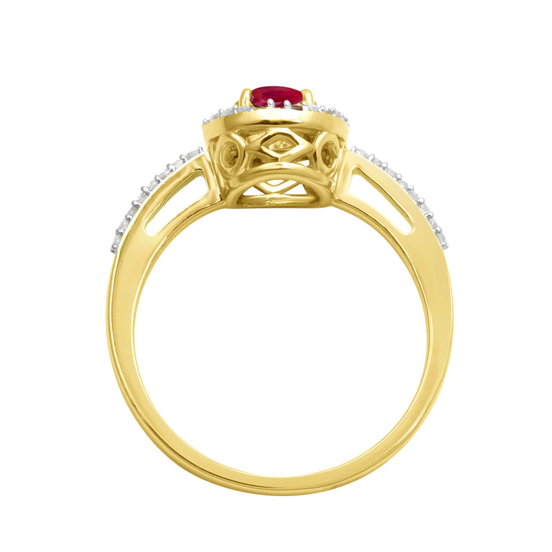 Jewelili Halo Ring with Round Ruby and Round Natural White Diamonds in 10K Yellow Gold 1/6 CTTW View 5