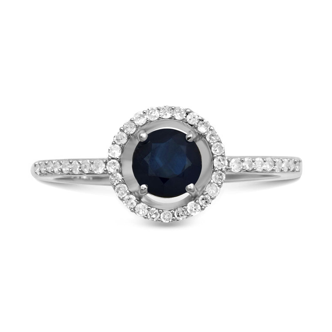 Jewelili Halo Ring with Round Blue Sapphire and CTTW Round Natural White Diamonds in 10K White Gold 1/6 View 1