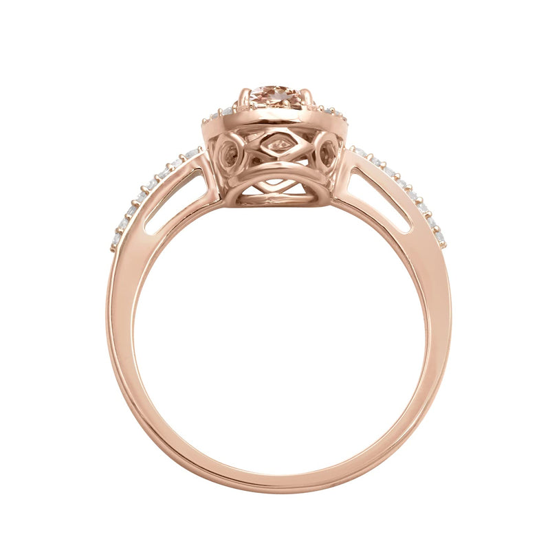 Jewelili Halo Ring with Round Morganite and Natural White Diamonds in 10K Rose Gold 1/6 CTTW View 7