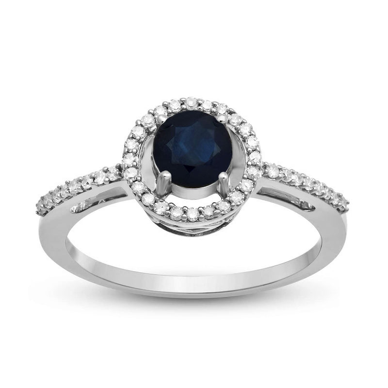 Jewelili Halo Ring with Round Blue Sapphire and CTTW Round Natural White Diamonds in 10K White Gold 1/6 View 4