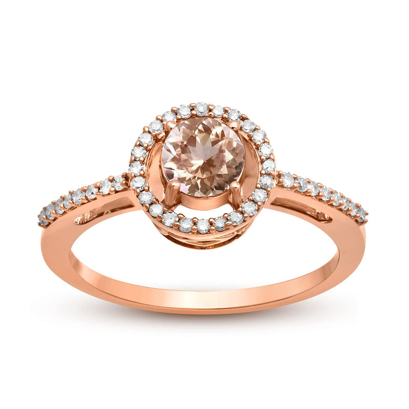 Jewelili Halo Ring with Round Morganite and Natural White Diamonds in 10K Rose Gold 1/6 CTTW View 1