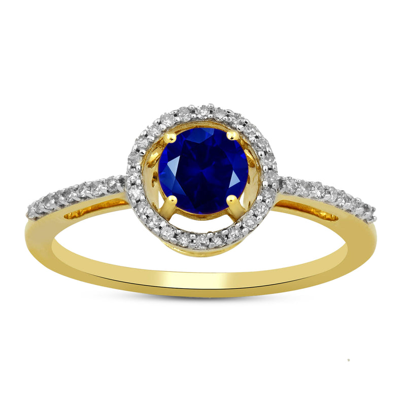Jewelili Halo Ring with Round Blue Sapphire and Round Natural White Diamonds in 10K Yellow Gold 1/6 CTTW View 1