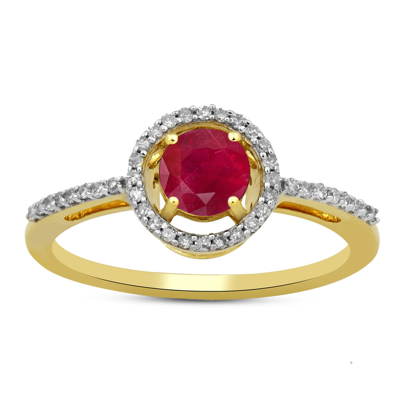 Jewelili Halo Ring with Round Ruby and Round Natural White Diamonds in 10K Yellow Gold 1/6 CTTW View 1