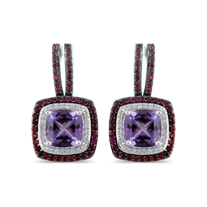 Jewelili Sterling Silver Cushion Cut Amethyst and Round Created Ruby with Round Created White Sapphire Halo Dangle Earrings