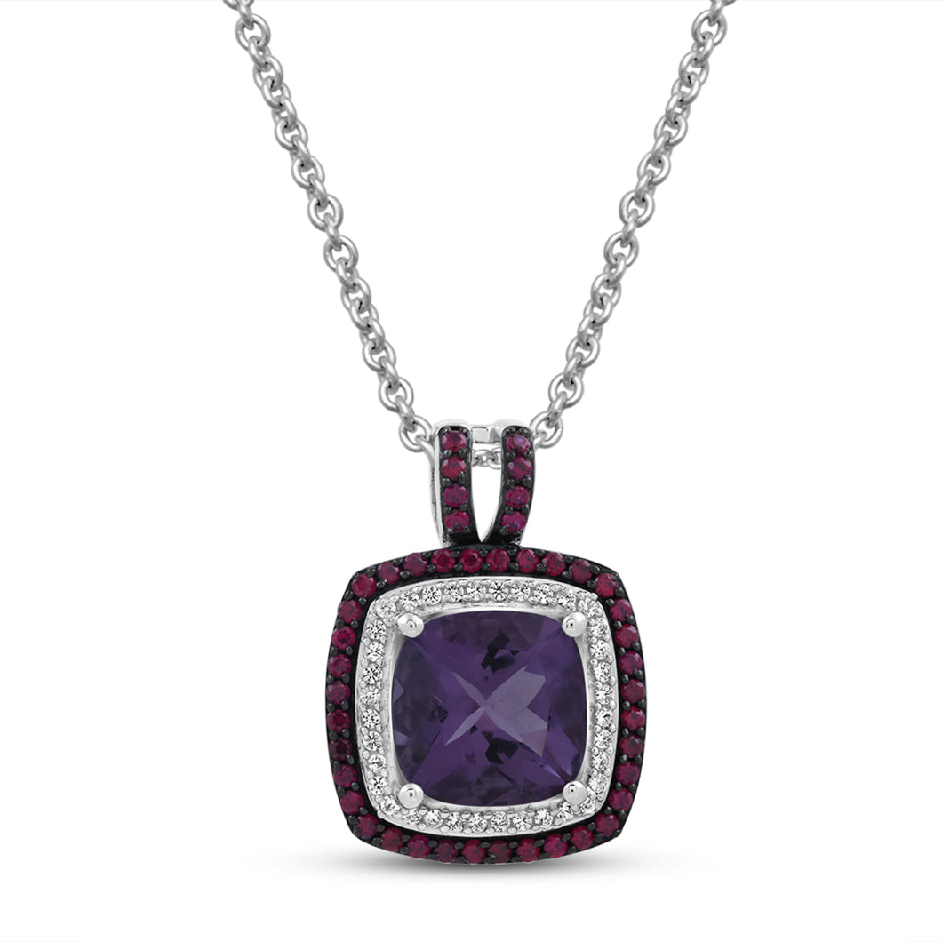 Jewelili Pendant Necklace with Cushion Shape Amethyst and Round Created Ruby with Round Created White Sapphire in Sterling silver View 1