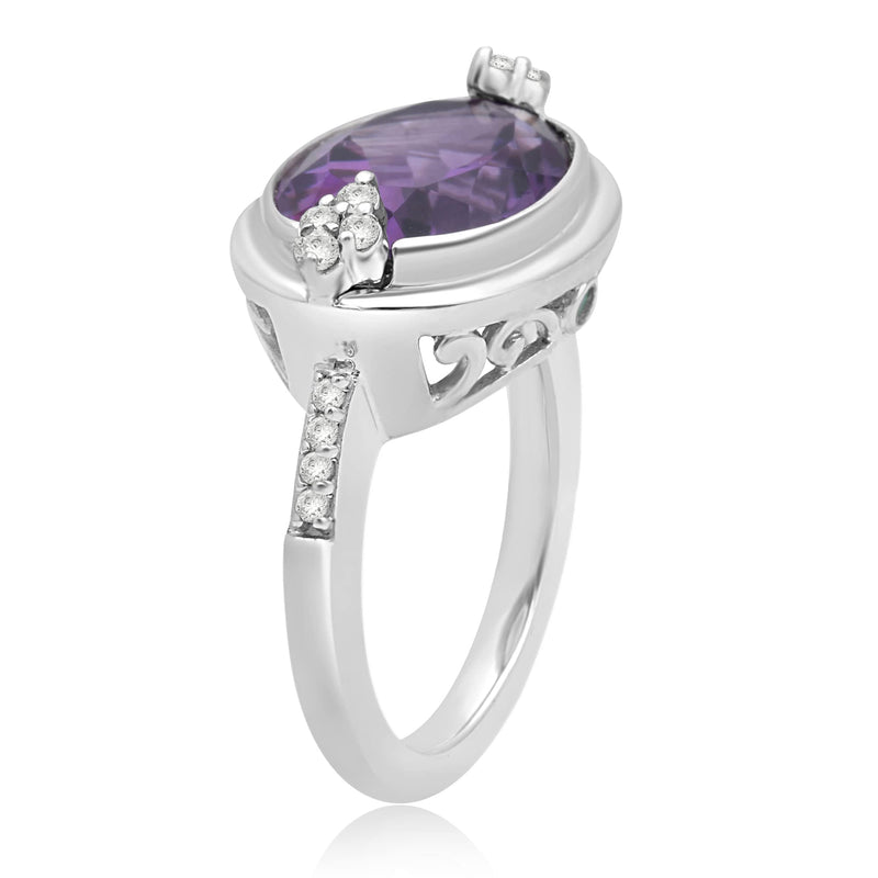 Jewelili Sterling Silver With Amethyst,White Topaz and Emerald Gemstone Ring