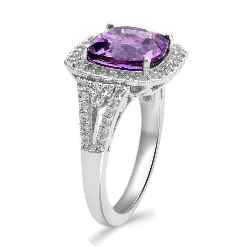 Jewelili Sterling Silver with Cushion Amethyst with Round White Topaz and Emerald Halo Ring