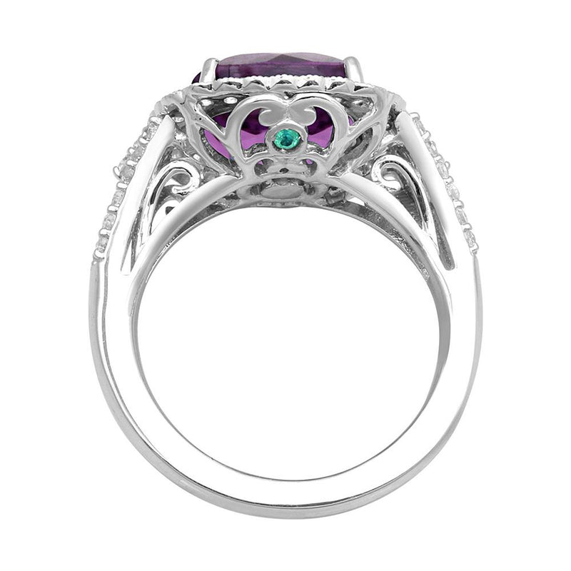 Jewelili Sterling Silver with Cushion Amethyst with Round White Topaz and Emerald Halo Ring