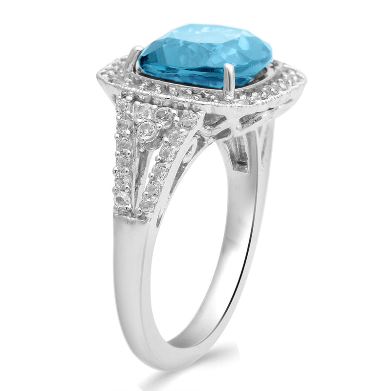 Jewelili Halo Engagement Ring with Cushion London Blue Topaz and Round White Topaz in Sterling Silver View 2