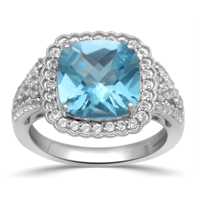 Jewelili Halo Engagement Ring with Cushion London Blue Topaz and Round White Topaz in Sterling Silver View 1