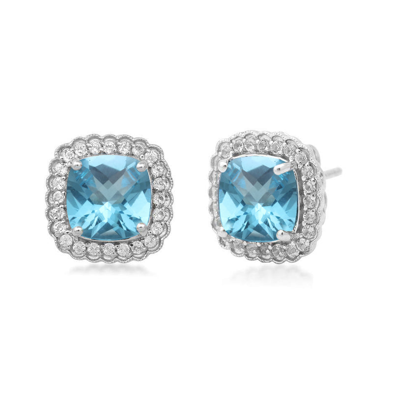 Jewelili Sterling Silver With Cushion Blue Topaz and Round White Topaz and Round Emerald Stud Earrings