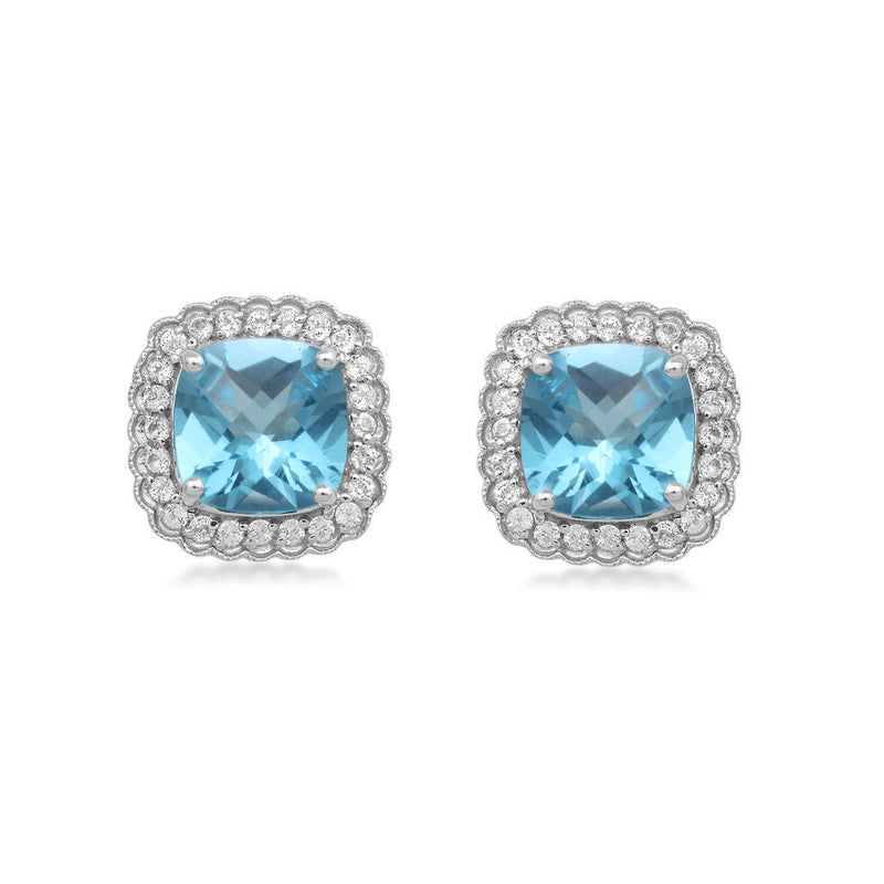 Jewelili Sterling Silver With Cushion Blue Topaz and Round White Topaz and Round Emerald Stud Earrings