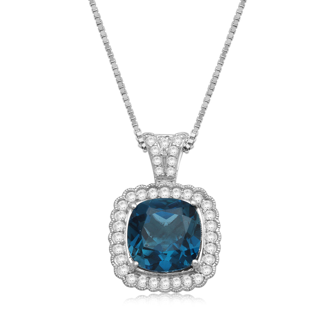 Jewelili Sterling Silver With Cushion Cut Swiss Blue Topaz, Round White Topaz and Round Emerald Halo Pendant Necklace, 18