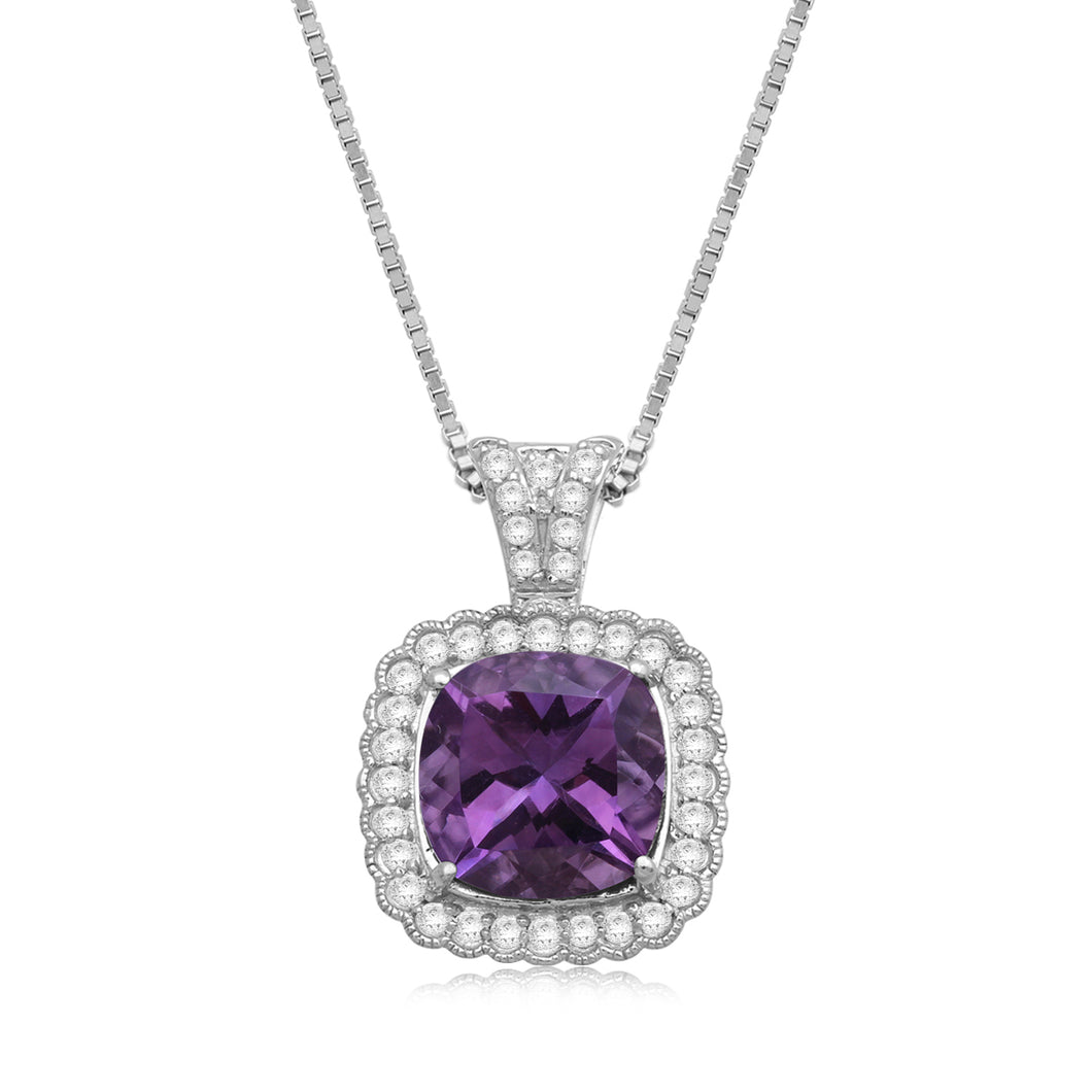Jewelili Sterling Silver Cushion Cut Amethyst With Round White Topaz and Round Emerald Halo Pendant Necklace