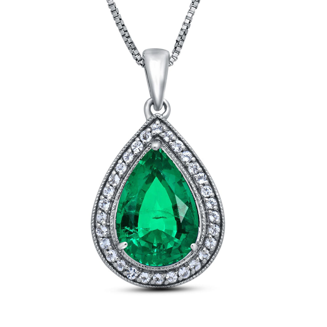 Jewelili Sterling Silver With Created Emerald, Natural Emerald and White Topaz Teardrop Pendant Necklace