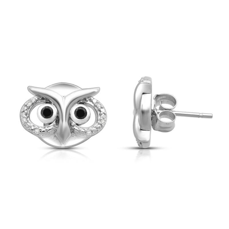 Jewelili Sterling Silver With Treated Black and White Natural Diamonds Accent Owl Stud Earrings