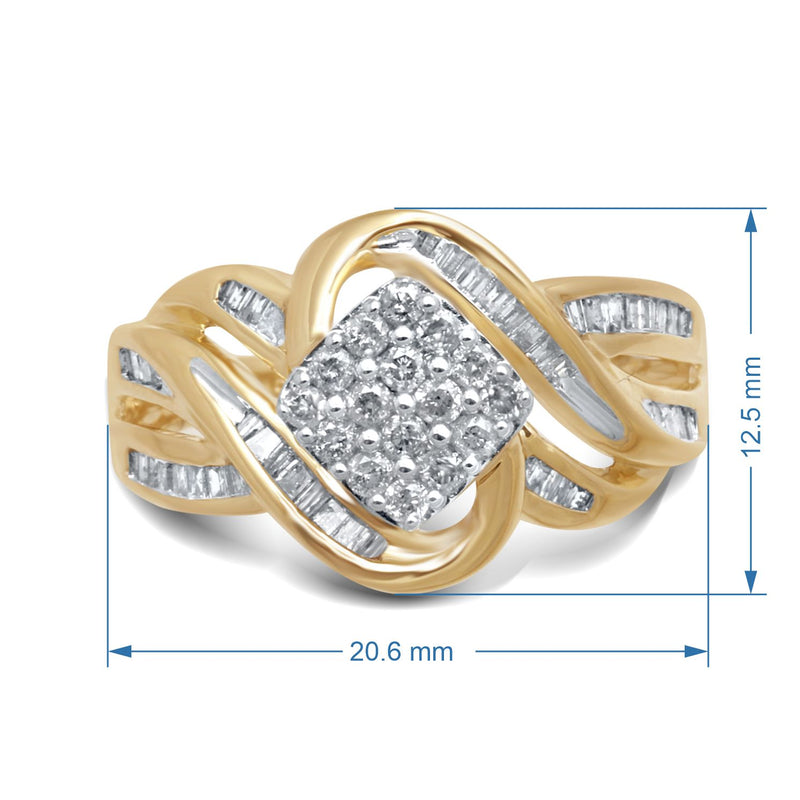 Jewelili 10K Yellow Gold With 1/2 CTTW Round and Baguette Diamonds Bypass Cluster Ring