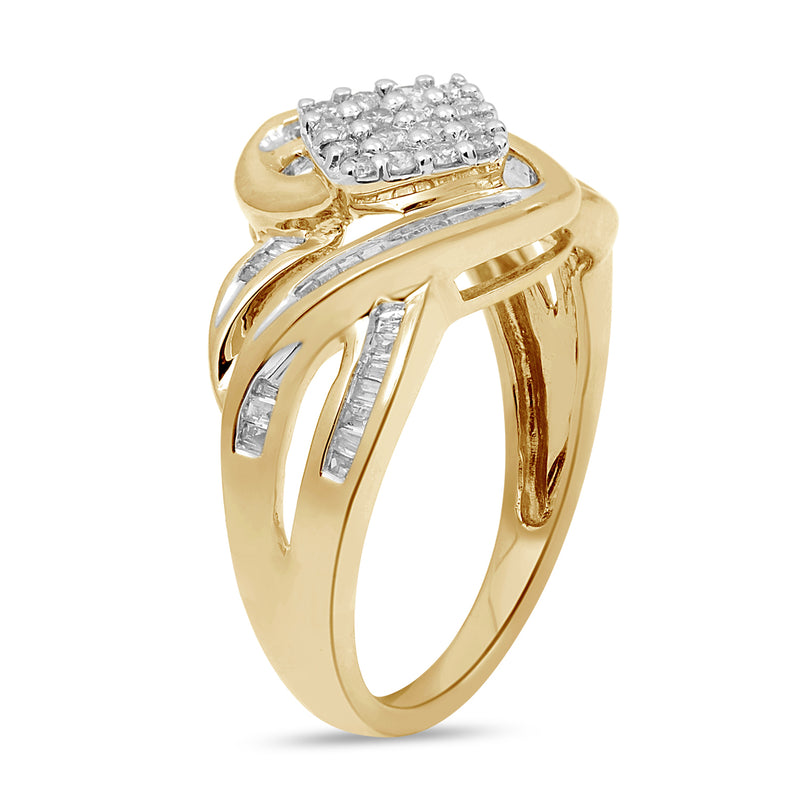 Jewelili 10K Yellow Gold With 1/2 CTTW Round and Baguette Diamonds Bypass Cluster Ring
