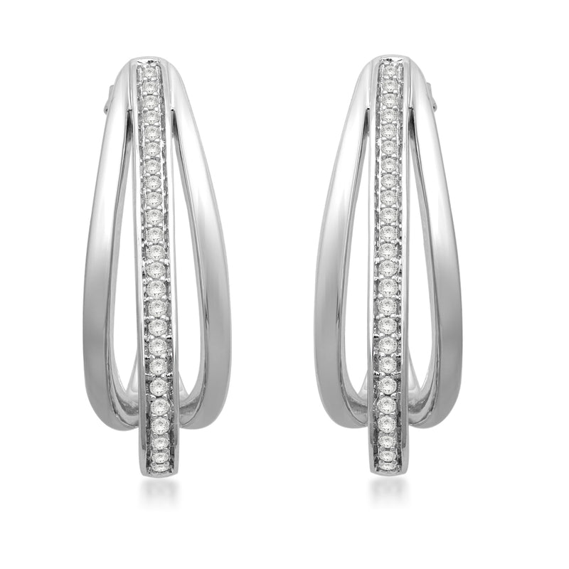 Jewelili Sterling Silver With 1/3 CTTW Round White Diamonds J-Hoop Earrings