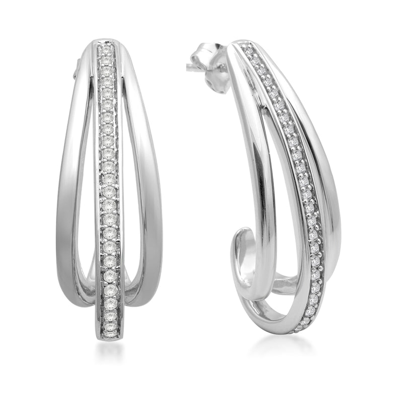 Jewelili Sterling Silver With 1/3 CTTW Round White Diamonds J-Hoop Earrings