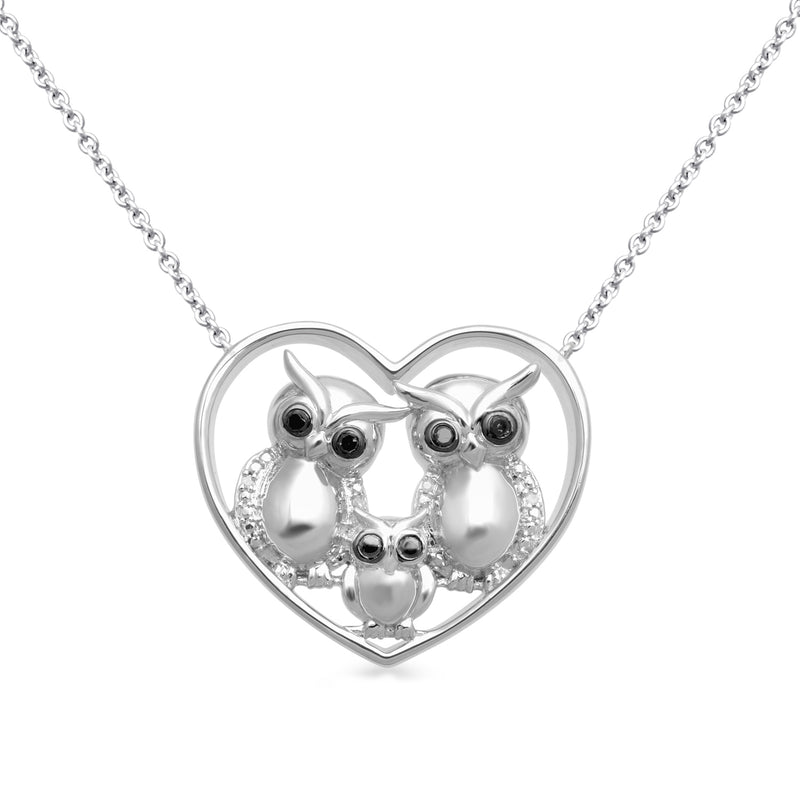 Jewelili Sterling Silver with Treated Black and White Round Diamonds Owl Family Pendant Necklace